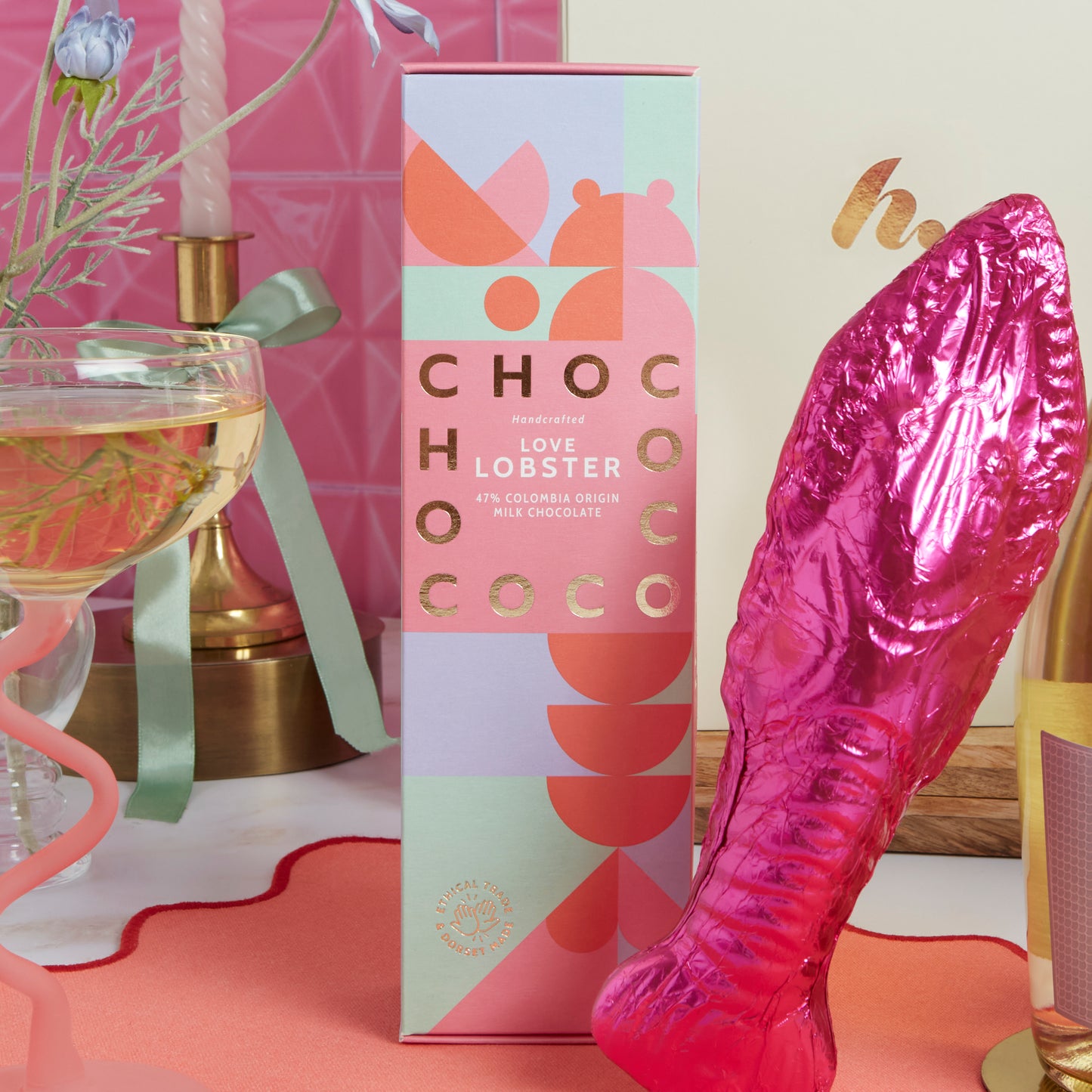 Close up of products in 'You're my Lobster' Prosecco & Chocolates Hamper, a luxury gift hamper from hampers.com UK