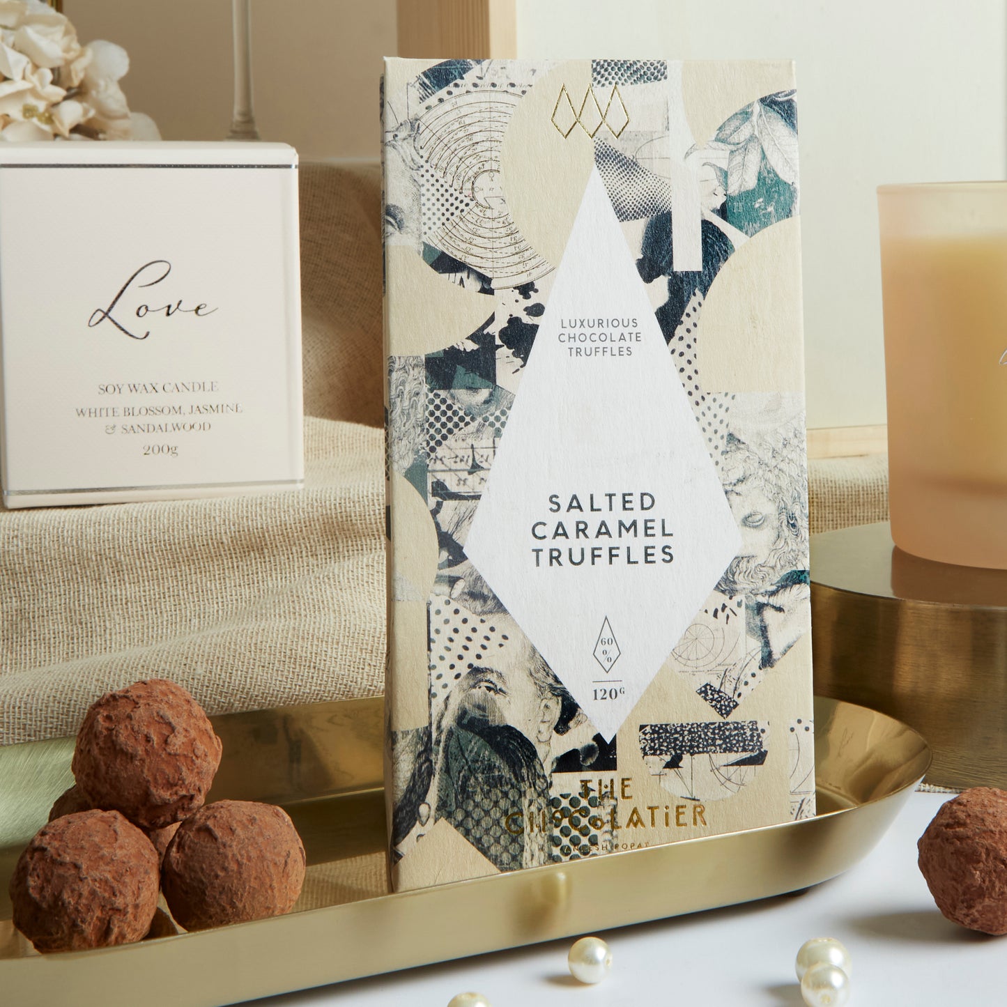 Close up of products in Mr & Mrs Champagne & Treats Gift Box, a luxury gift hamper from hampers.com UK