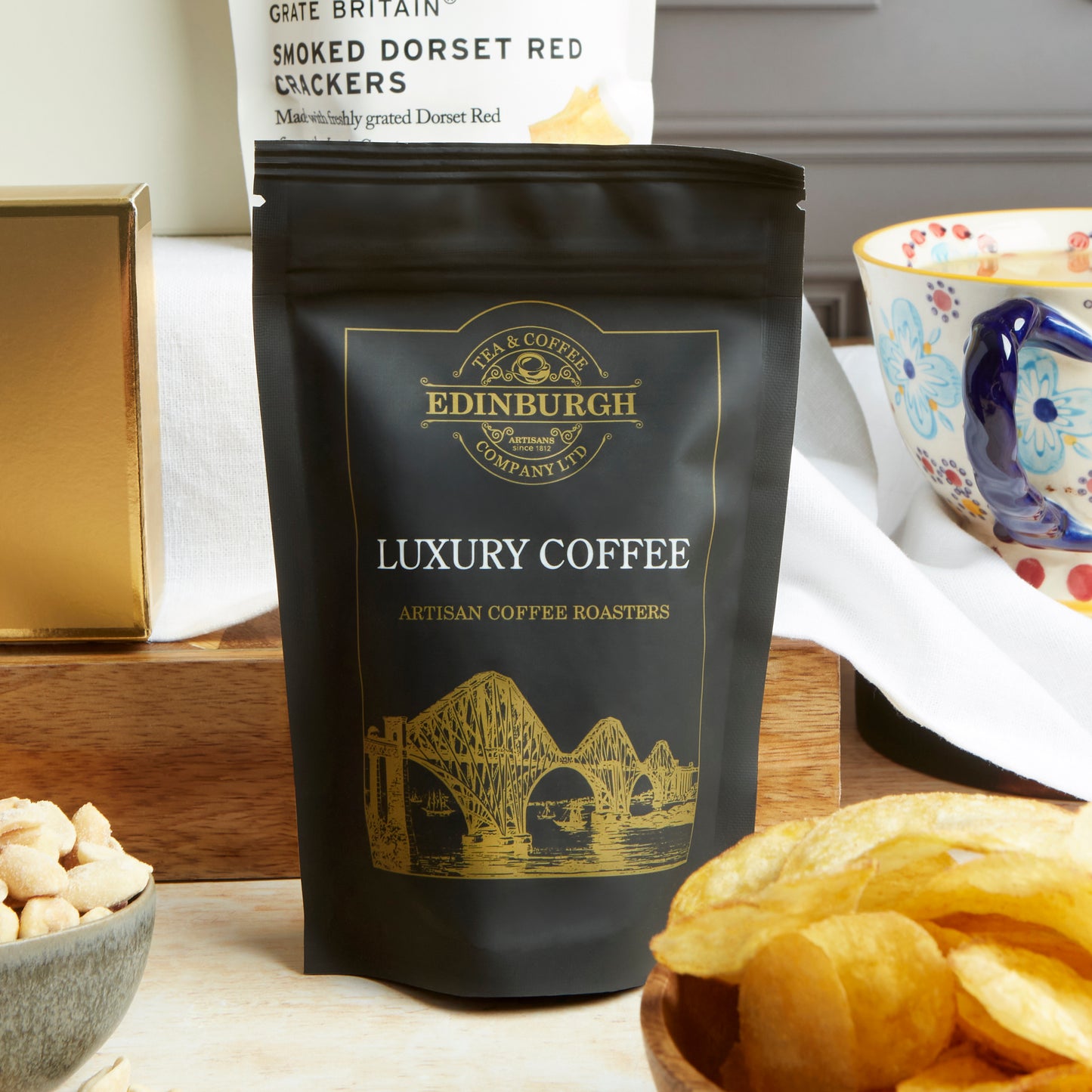 Close up of products in The Joyful Delights Hamper, a luxury gift hamper from hampers.com UK