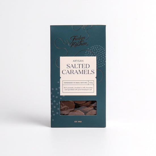 A box of Fudge Kitchen Salted Caramels
