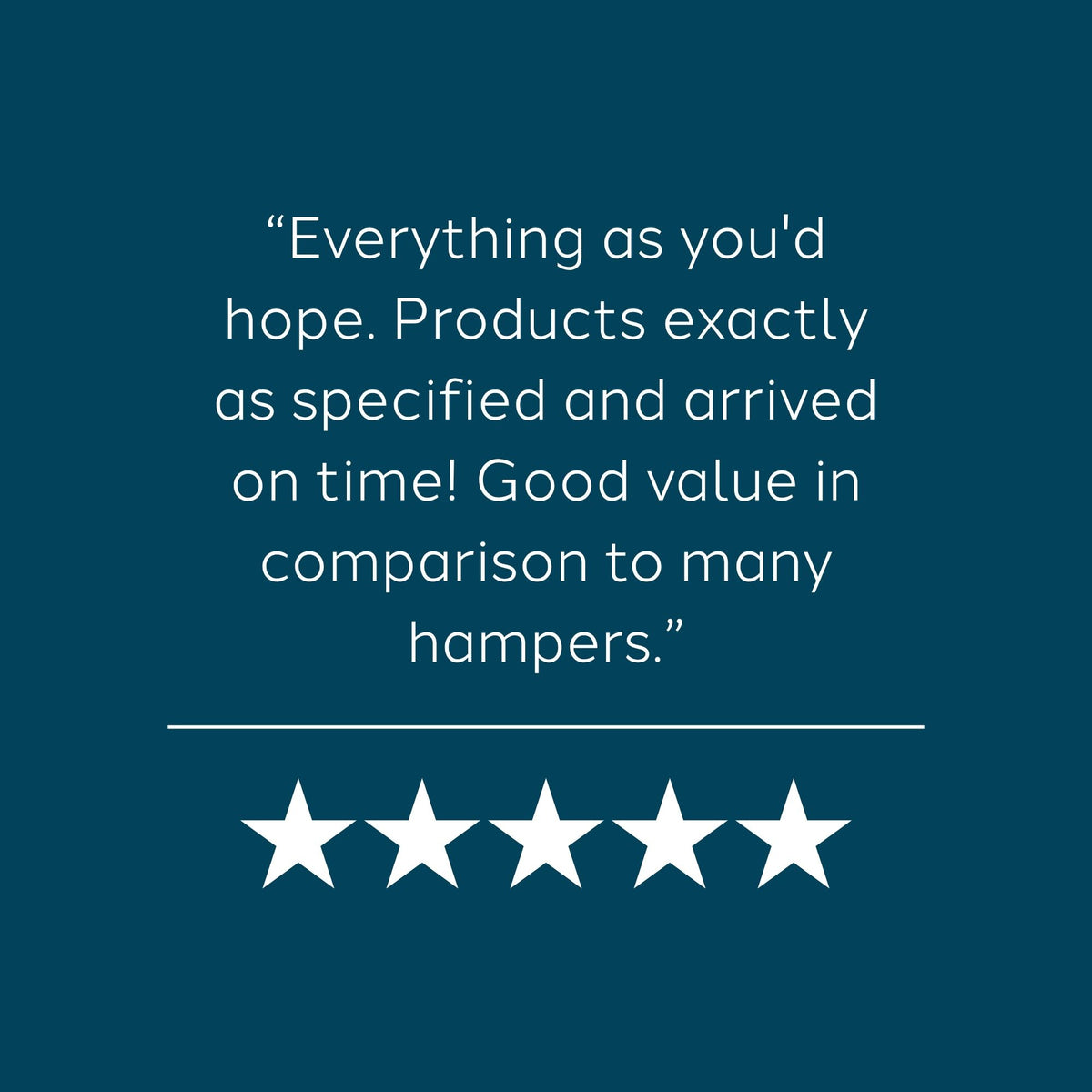 A five-star review graphic with a quote about products being as expected and arriving on time, set against a dark teal background with five white stars at the bottom.