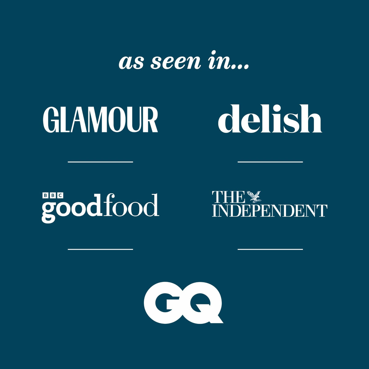 An informative graphic with the text 'as seen in' over a dark teal background, listing editorial logos including Glamour, delish, BBC Good Food, The Independent, and GQ, to show where the products have been featured.
