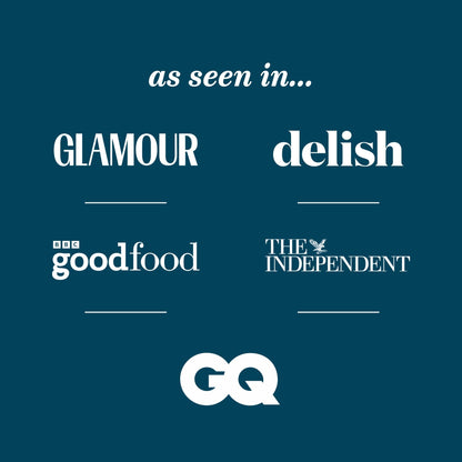 An informative graphic with the text 'as seen in' over a dark teal background, listing editorial logos including Glamour, delish, BBC Good Food, The Independent, and GQ, to show where the products have been featured.