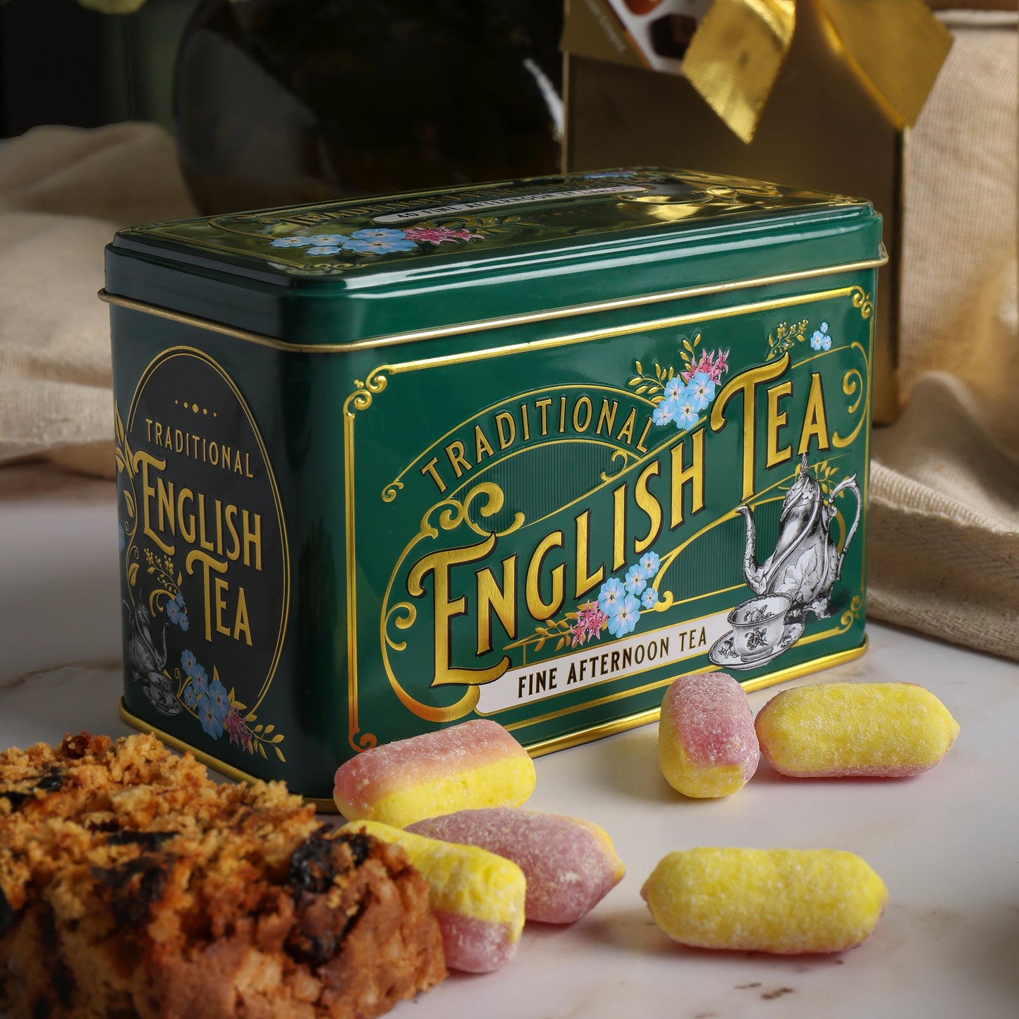 Close up of products in the Traditional Treats Hamper, a luxury gift hamper from hampers.com UK