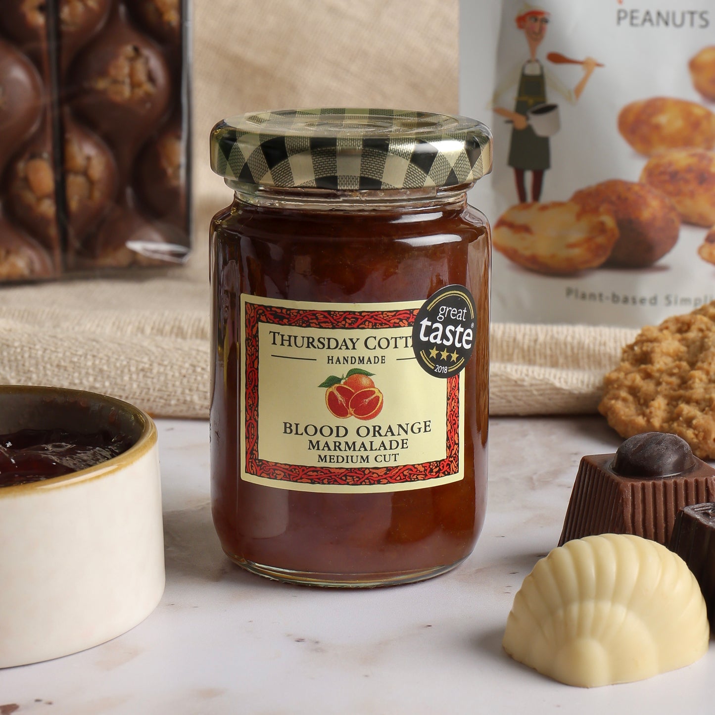 Close up of products in the Traditional Treats Hamper, a luxury gift hamper from hampers.com UK
