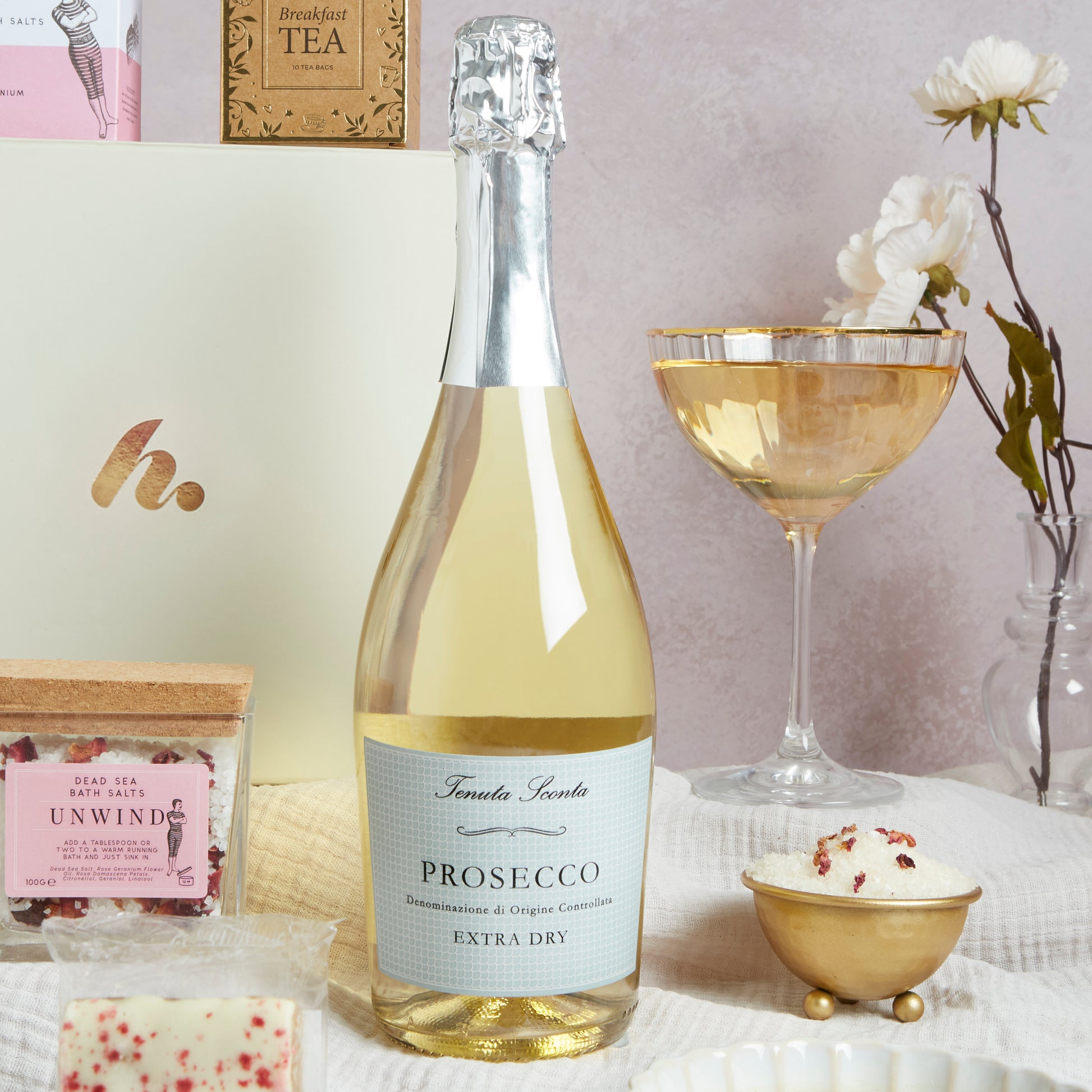 Close up of products in Pamper Hamper for Her, a luxury gift hamper from hampers.com UK