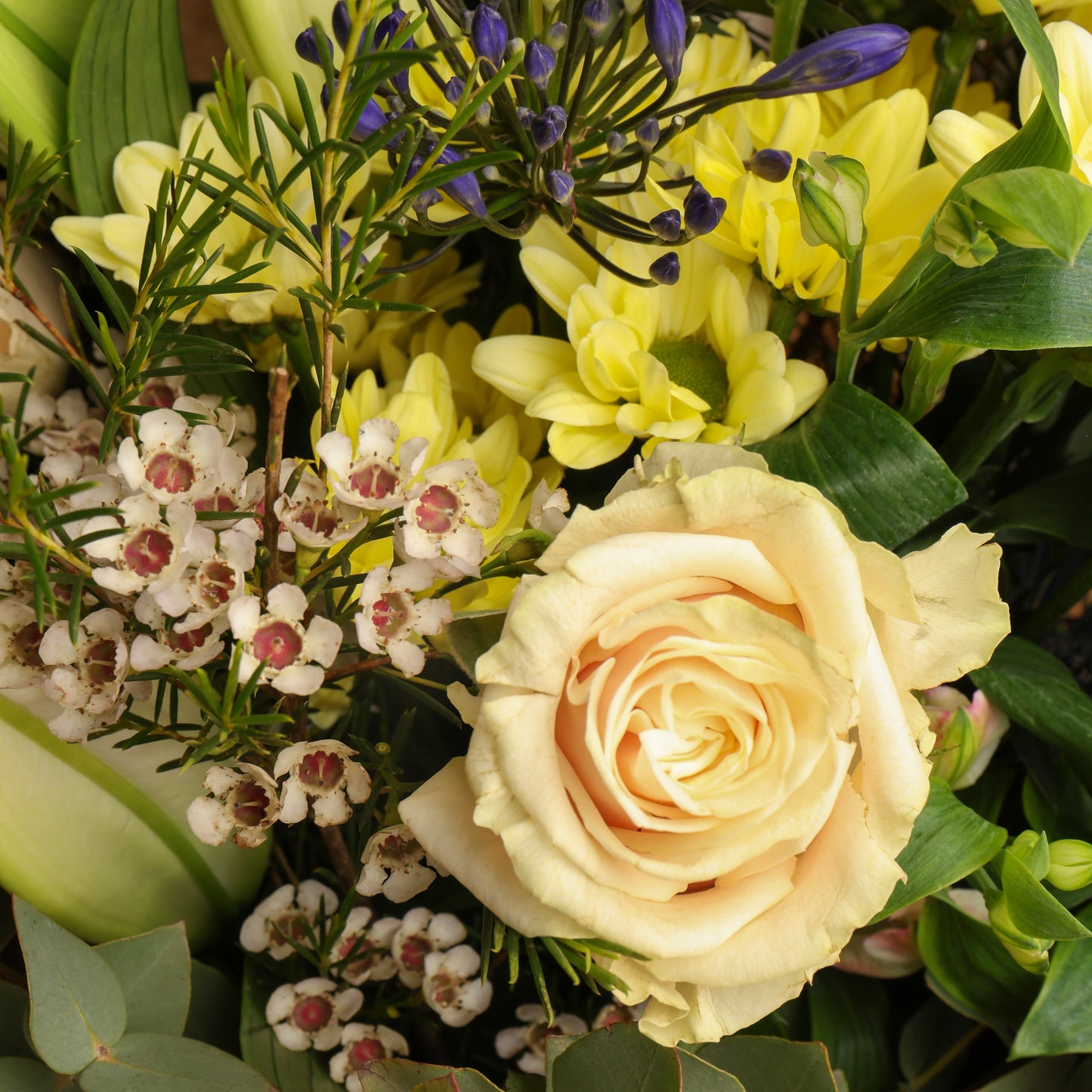 Close-up display of fresh seasonal flowers within the large seasonal flower bouquet.