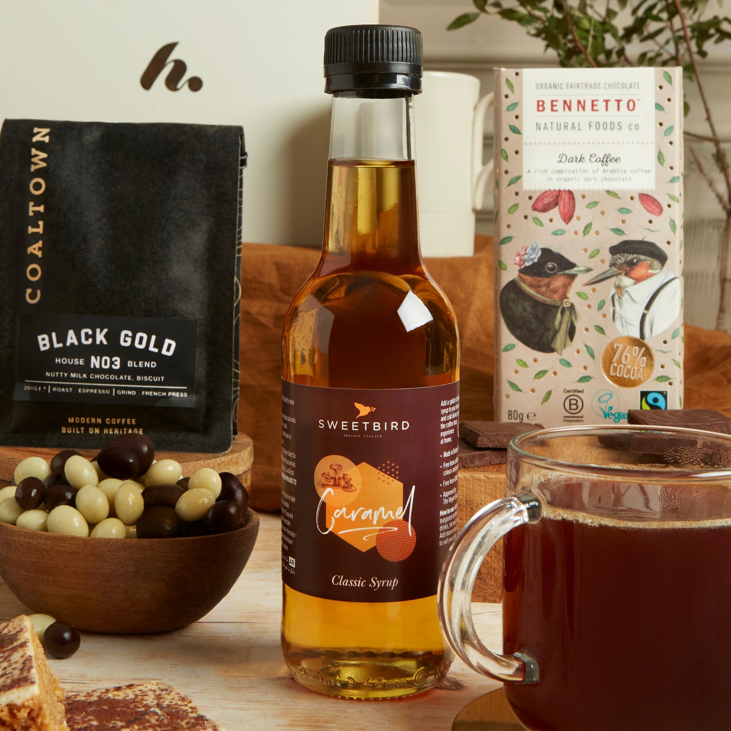 Close up of products in Luxury Coffee Lover's Hamper, a luxury gift hamper from hampers.com UK