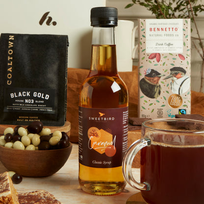 Close up of products in Luxury Coffee Lover's Hamper, a luxury gift hamper from hampers.com UK