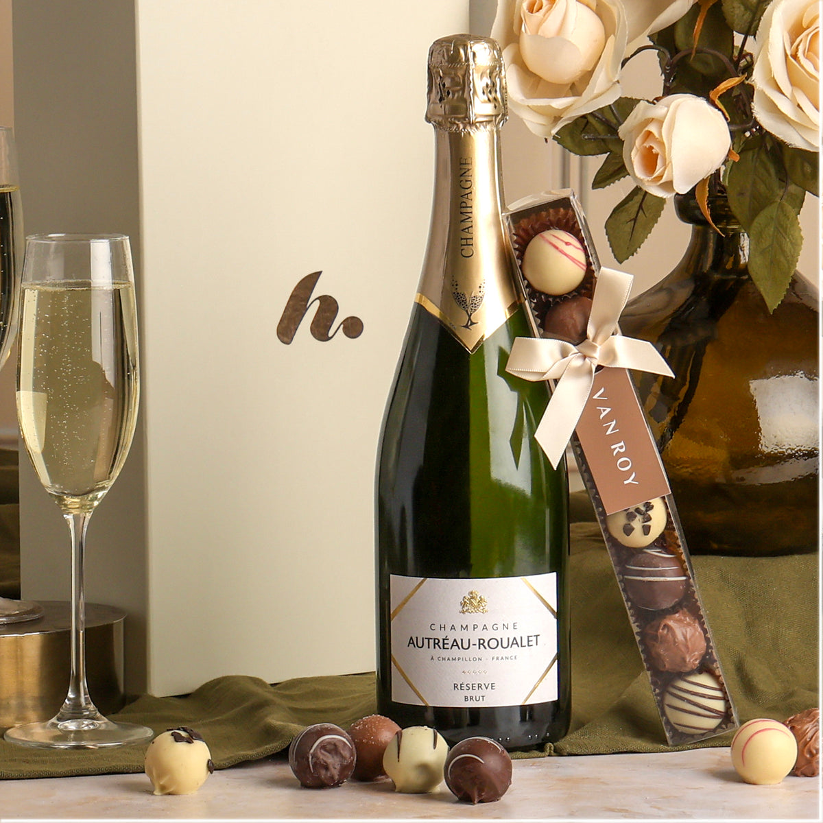 Close up of products in Champagne & Belgian Chocolates Hamper, a luxury gift hamper from hampers.com UK