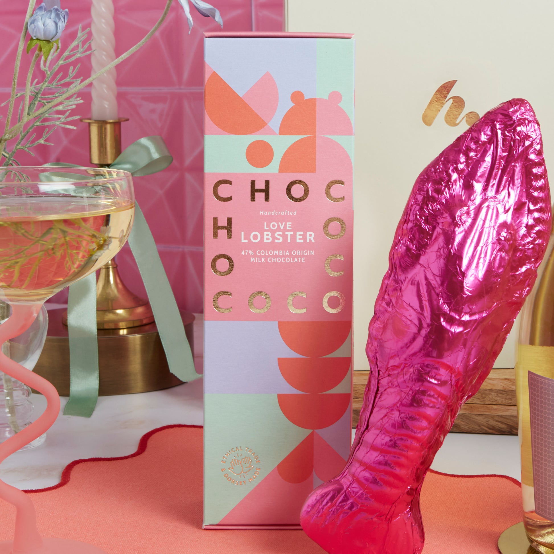 Close up of products in 'You're my Lobster' Prosecco & Chocolates Hamper, a luxury gift hamper from hampers.com UK