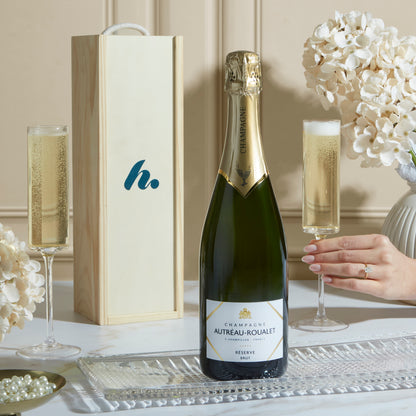 Close up of products in The Luxury Champagne Wooden Gift Box, a luxury gift hamper from hampers.com UK