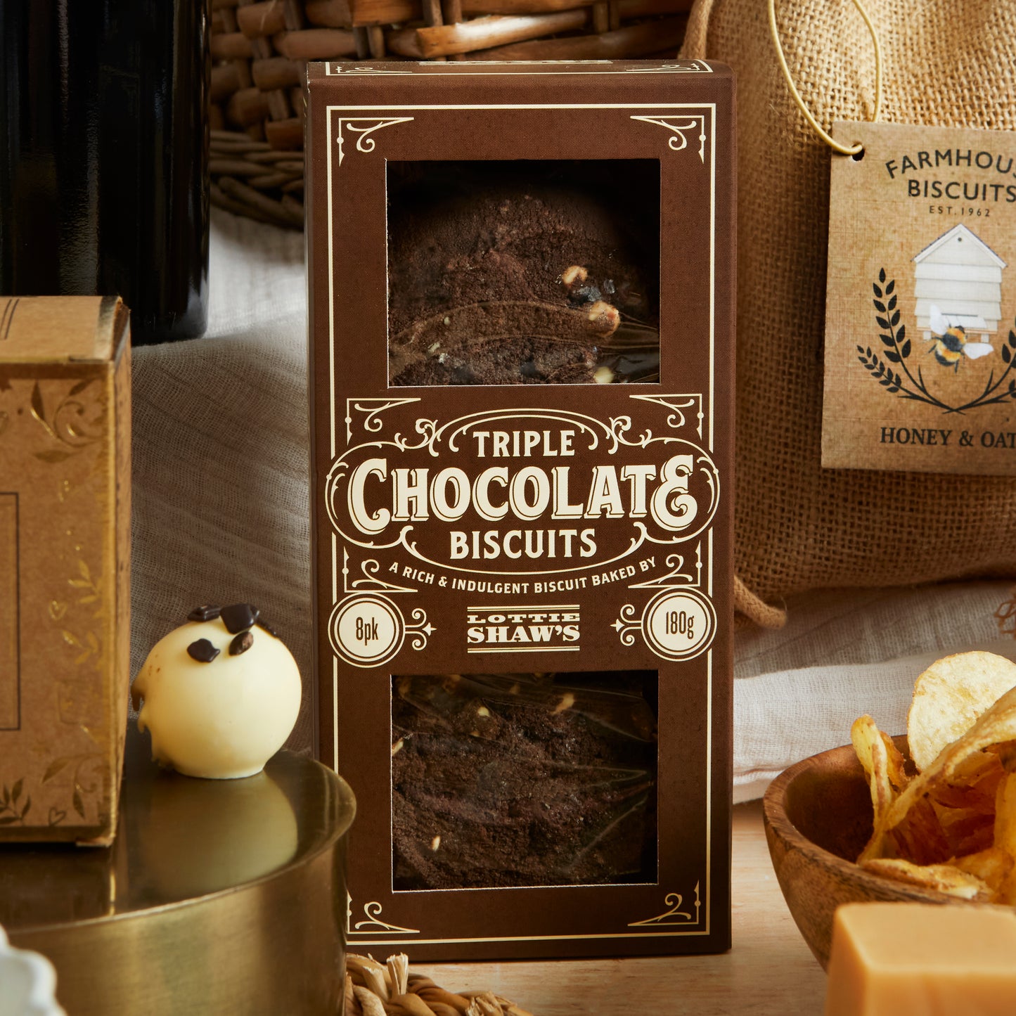 Close up of products in Luxury Food & Wine Basket, a luxury gift hamper from hampers.com UK