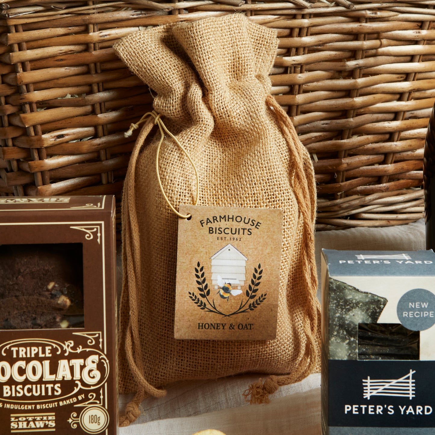 Close up of products in Luxury Food & Wine Basket, a luxury gift hamper from hampers.com UK