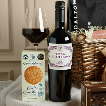 Close up of products in Luxury Food & Wine Basket, a luxury gift hamper from hampers.com UK