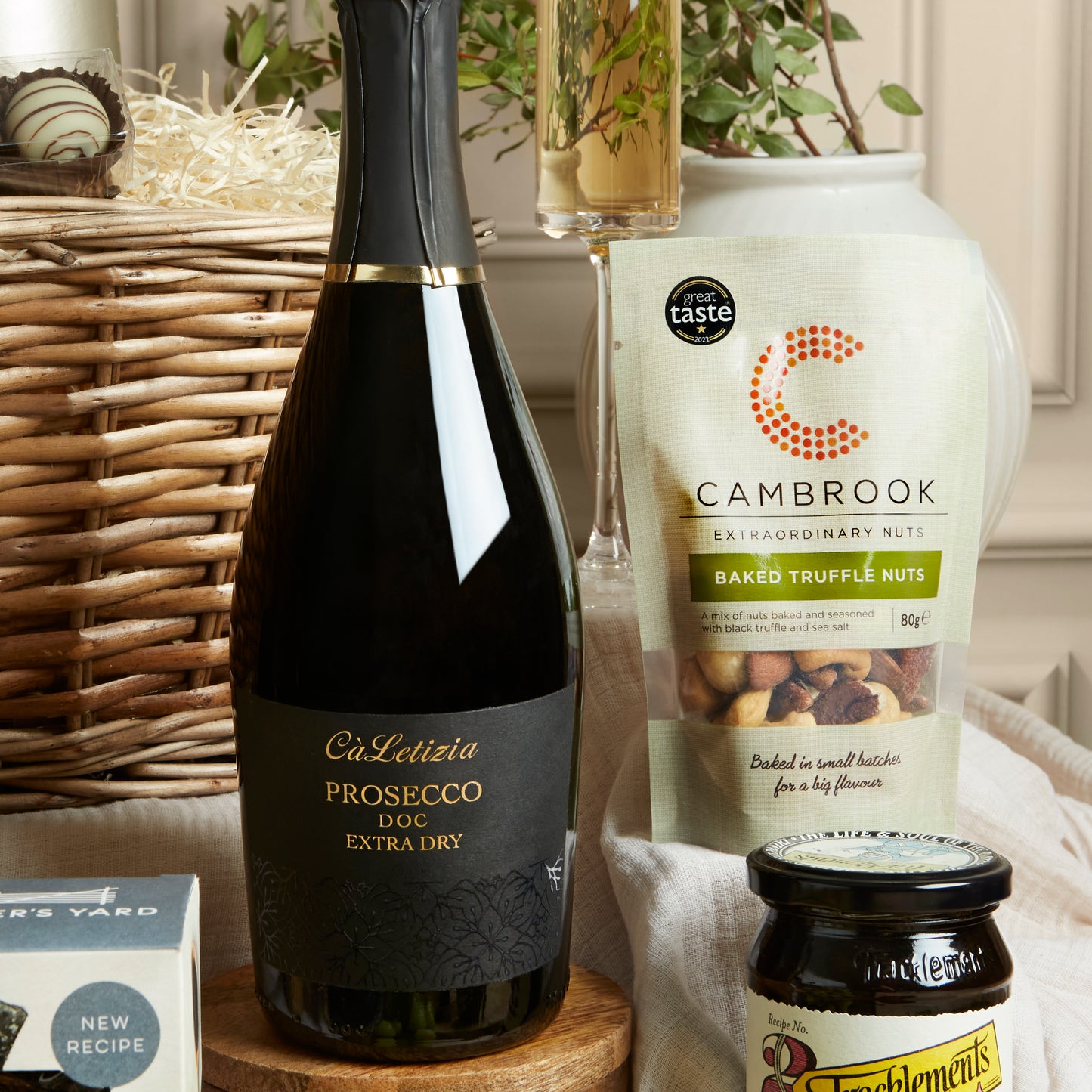 Close up of products in Luxury Food & Wine Basket, a luxury gift hamper from hampers.com UK