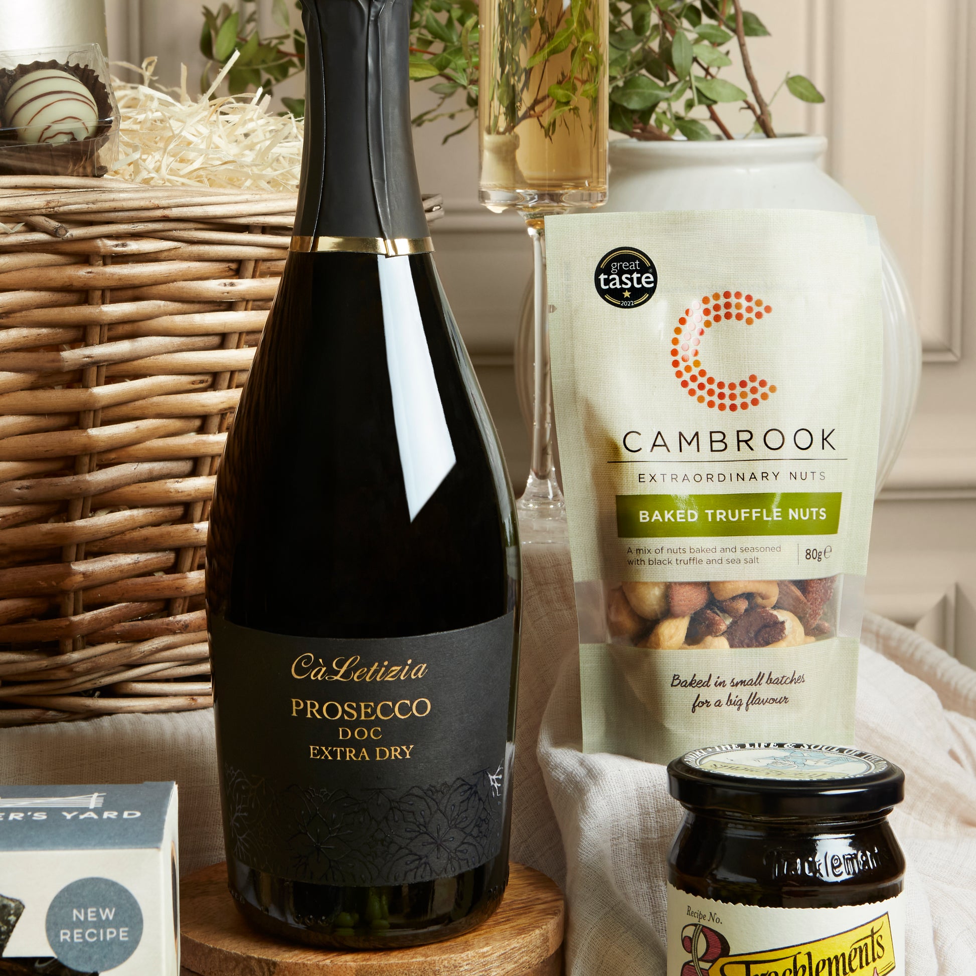 Close up of products in Luxury Food & Wine Basket, a luxury gift hamper from hampers.com UK