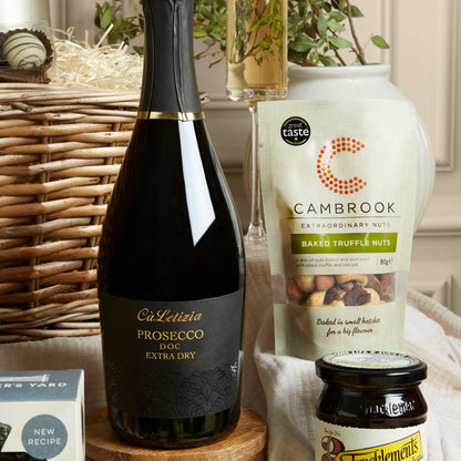 Close up of products in Luxury Food & Wine Basket, a luxury gift hamper from hampers.com UK