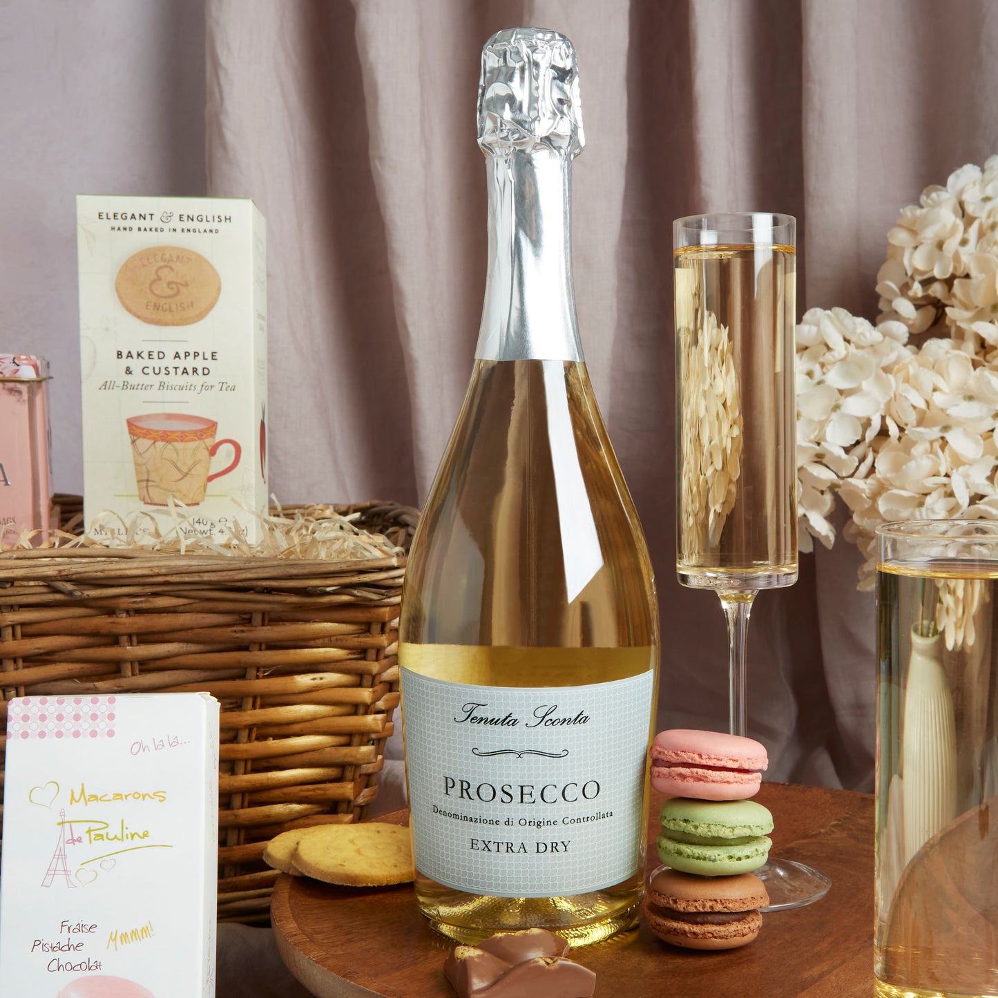 Close up of products in Prosecco Rose Indulgence Hamper, a luxury gift hamper from hampers.com UK