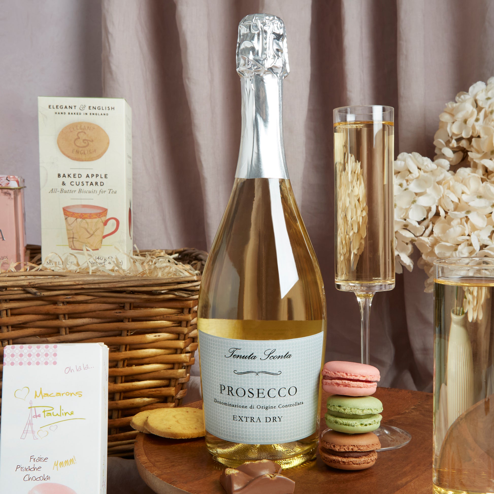 Close up of products in Prosecco Rose Indulgence Hamper, a luxury gift hamper from hampers.com UK