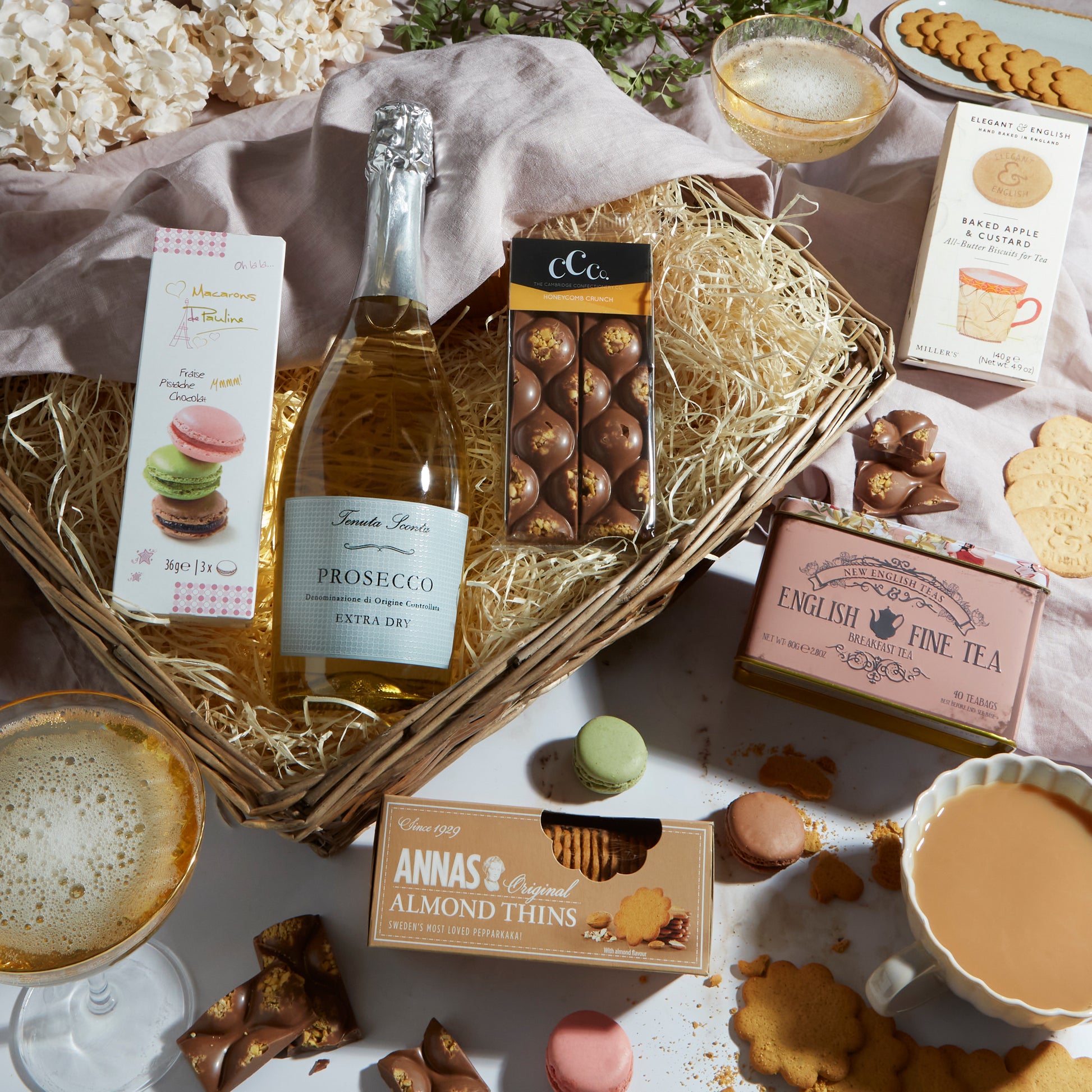 Close up of products in Prosecco Rose Indulgence Hamper, a luxury gift hamper from hampers.com UK