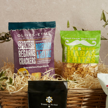 Close up of products in Spanish Tapas Food & Wine Hamper, a luxury gift hamper from hampers.com UK