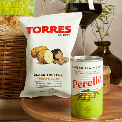 Close up of products in Spanish Tapas Food & Wine Hamper, a luxury gift hamper from hampers.com UK