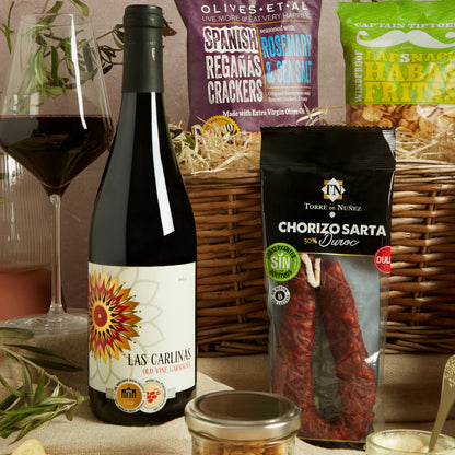 Close up of products in Spanish Tapas Food & Wine Hamper, a luxury gift hamper from hampers.com UK