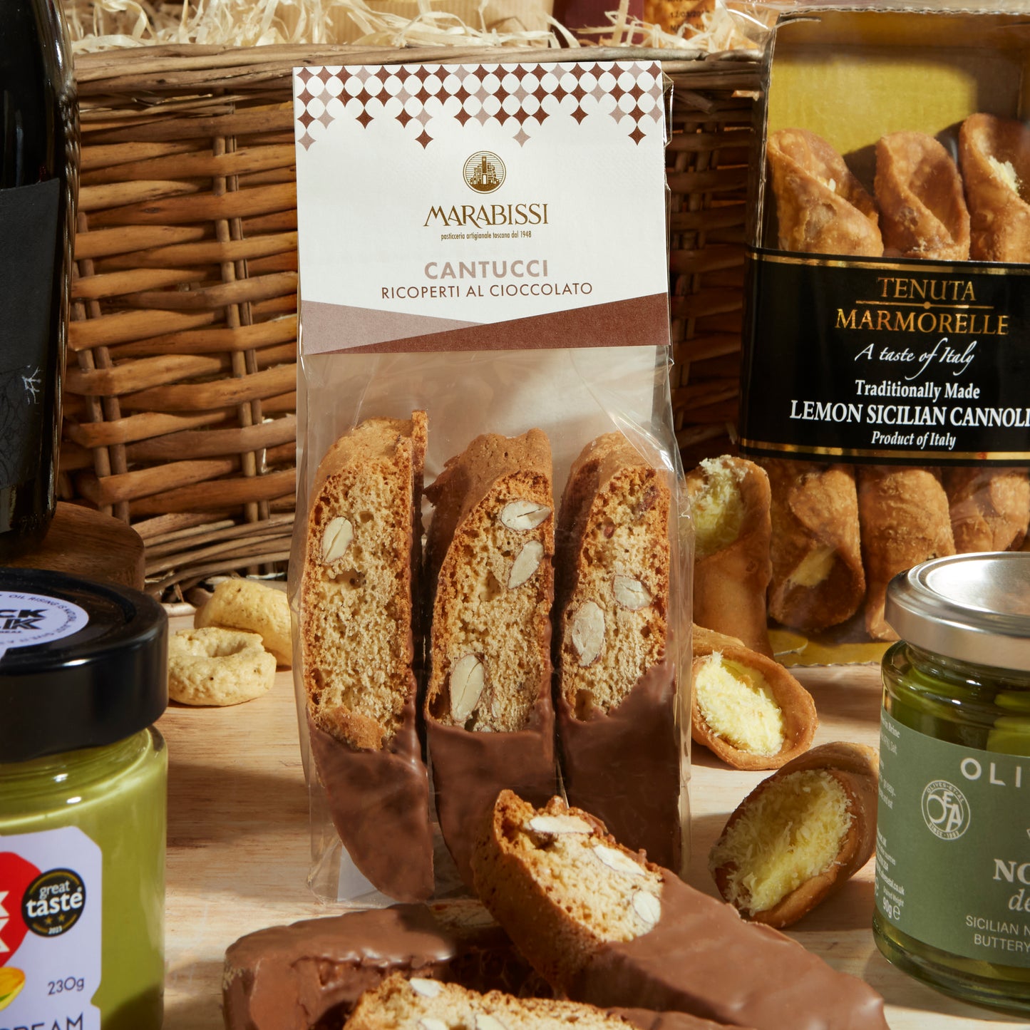 Close up of products in Italian Treats Food and Wine Hamper, a luxury gift hamper from hampers.com UK