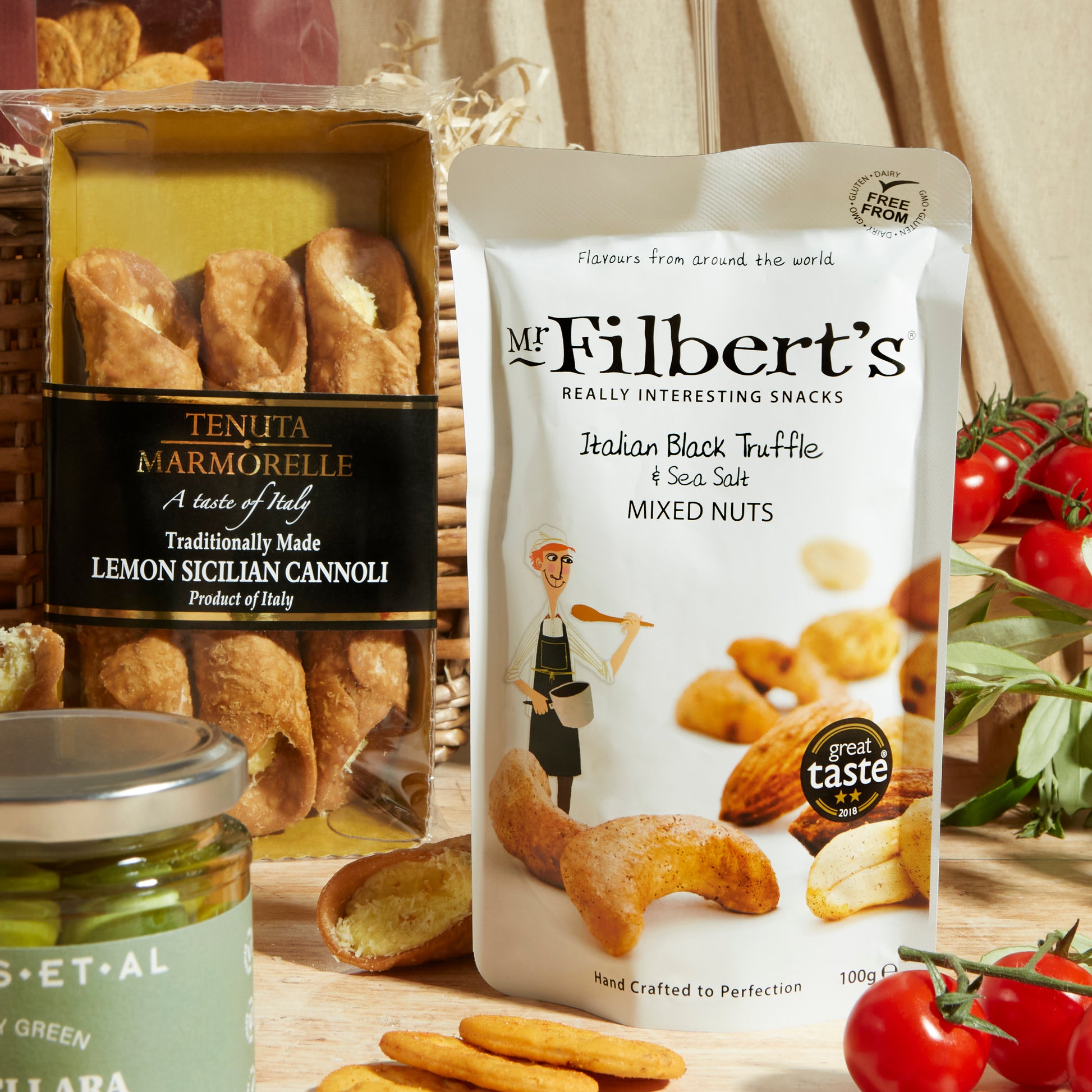 Close up of products in Italian Treats Food and Wine Hamper, a luxury gift hamper from hampers.com UK
