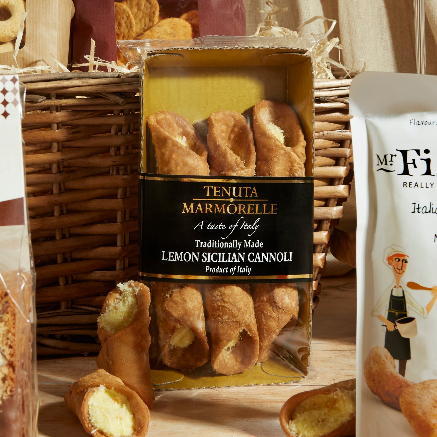 Close up of products in Italian Treats Food and Wine Hamper, a luxury gift hamper from hampers.com UK
