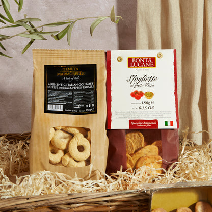 Close up of products in Italian Treats Food and Wine Hamper, a luxury gift hamper from hampers.com UK