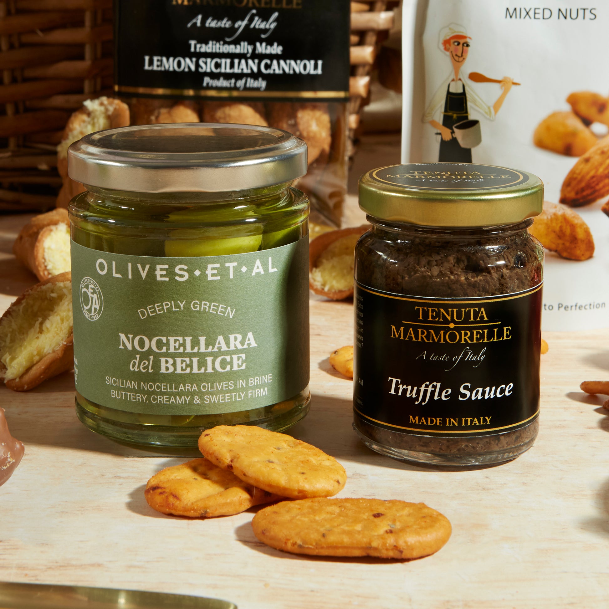 Close up of products in Italian Treats Food and Wine Hamper, a luxury gift hamper from hampers.com UK