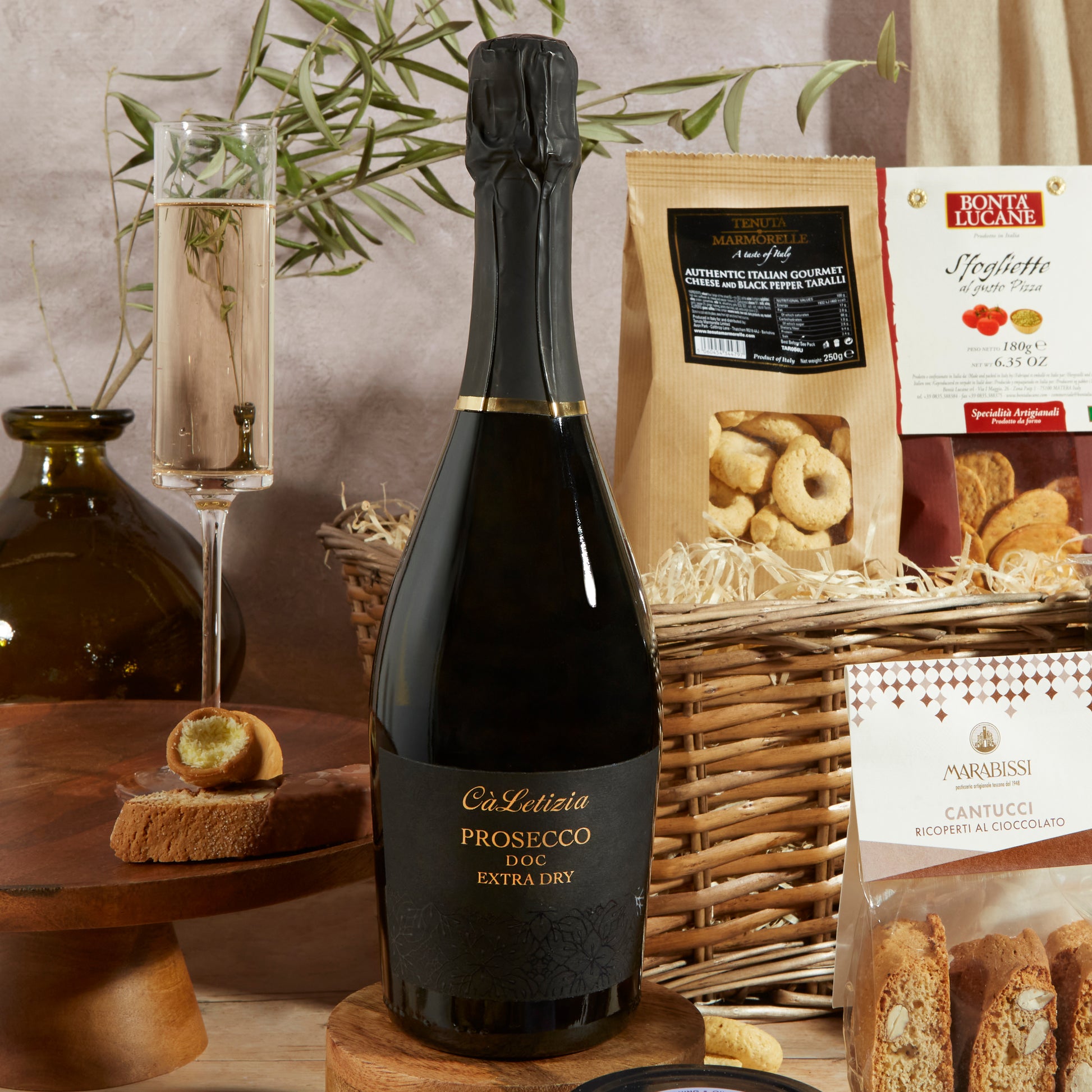 Close up of products in Italian Treats Food and Wine Hamper, a luxury gift hamper from hampers.com UK