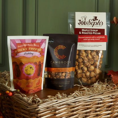 Sticky Toffee Pudding Biscuits, Cambrook's Caramelised Peanuts & Joe & Seph's Maple & Pecan Popcorn 