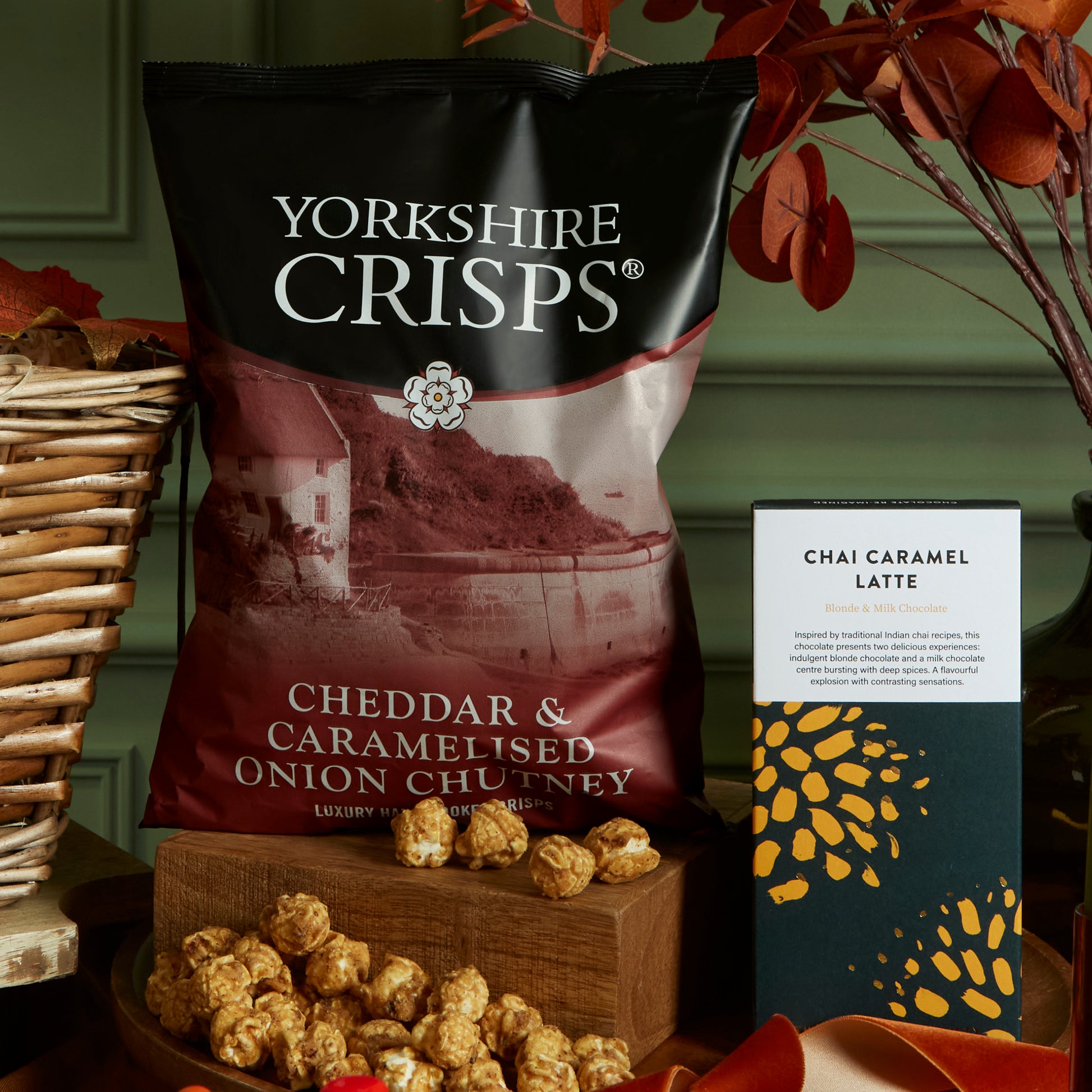 Yorkshire Crisps Cheddar & Onion Crisps & Chai Caramel Latte Flavoured Chocolate - Close Up 
