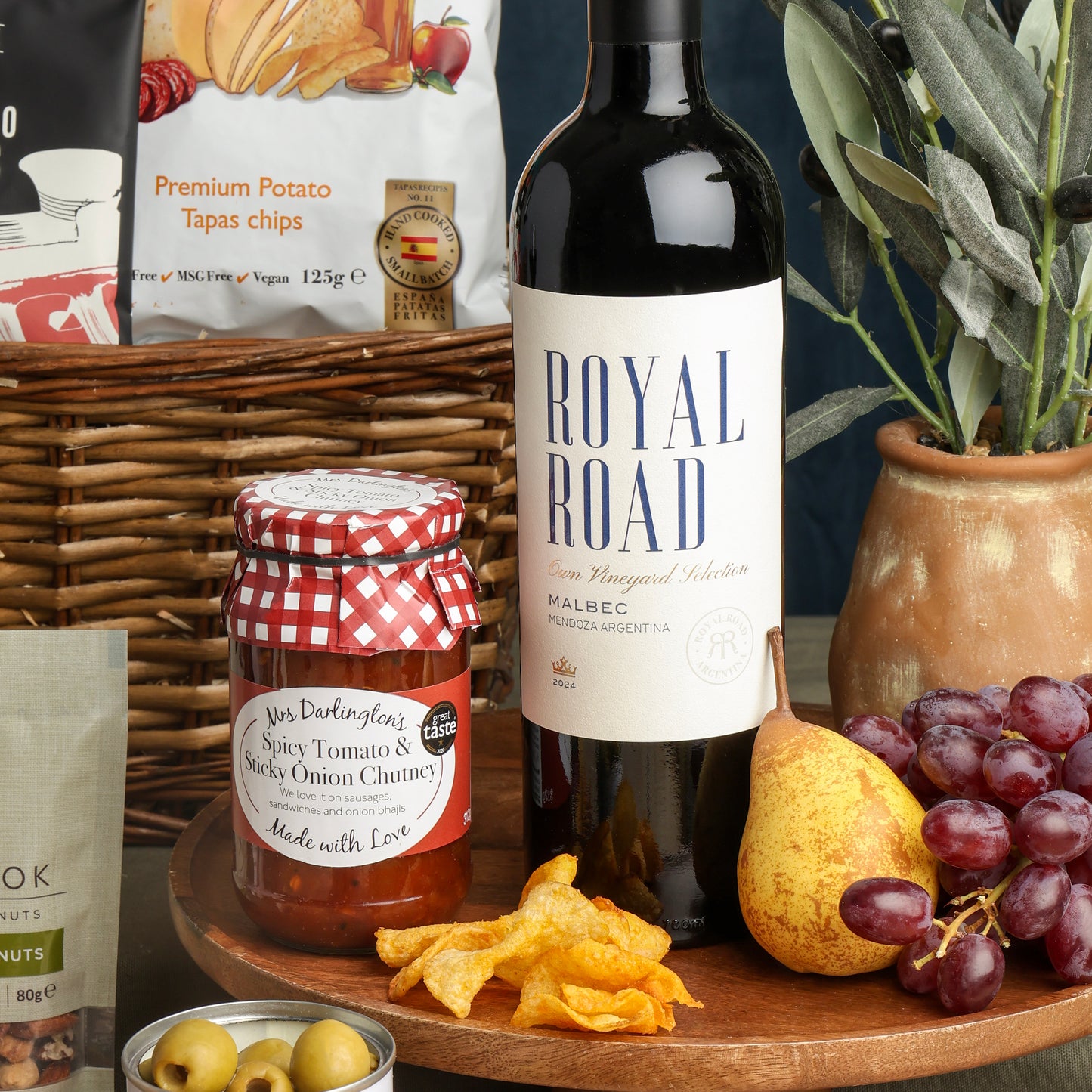 Close up of products in Red Wine & Charcuterie Hamper, a luxury gift hamper from hampers.com UK