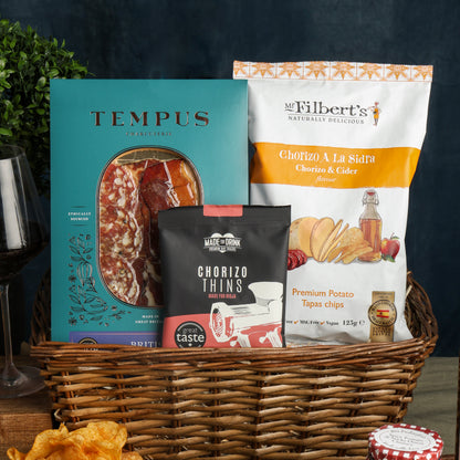 Close up of products in Red Wine & Charcuterie Hamper, a luxury gift hamper from hampers.com UK