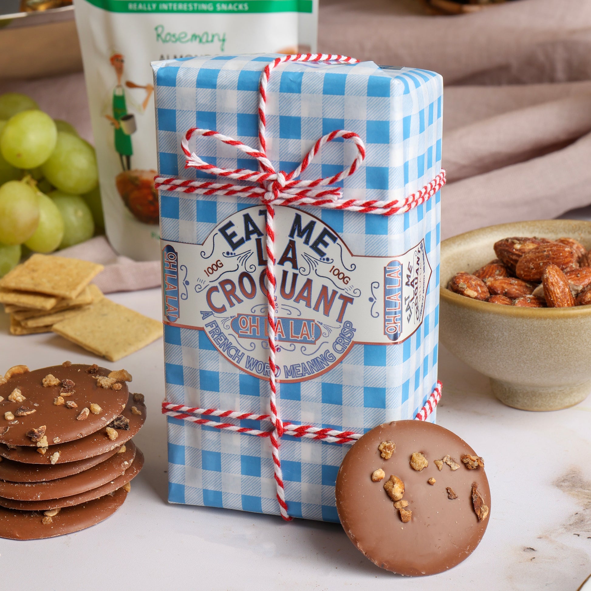 Close up of products in French Food & Wine Hamper, a luxury gift hamper from hampers.com UK