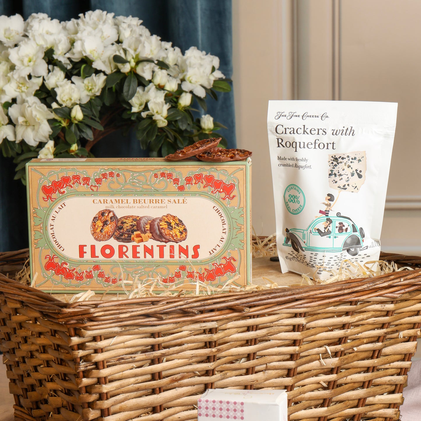 Close up of products in French Food & Wine Hamper, a luxury gift hamper from hampers.com UK