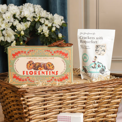 Close up of products in French Food & Wine Hamper, a luxury gift hamper from hampers.com UK