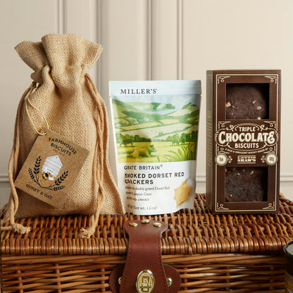 Close up of products in Classic Food & Drink Hamper, a luxury gift hamper from hampers.com UK