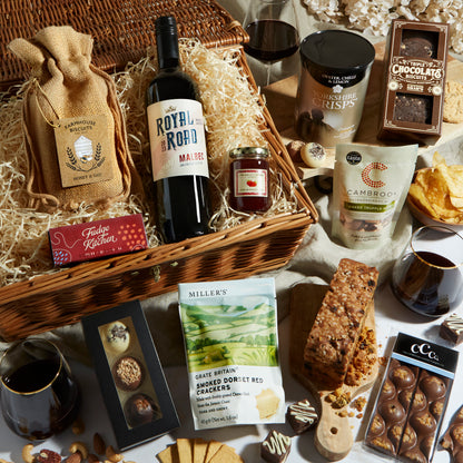 Close up of products in Classic Food & Drink Hamper, a luxury gift hamper from hampers.com UK