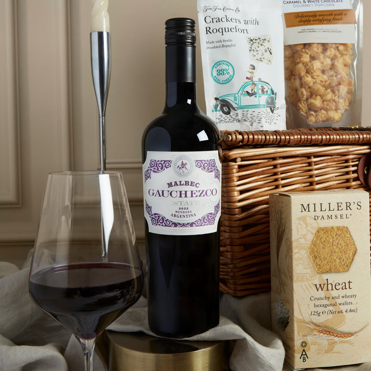 Close up of products in Premium Food and Wine Hamper, a luxury gift hamper from hampers.com UK