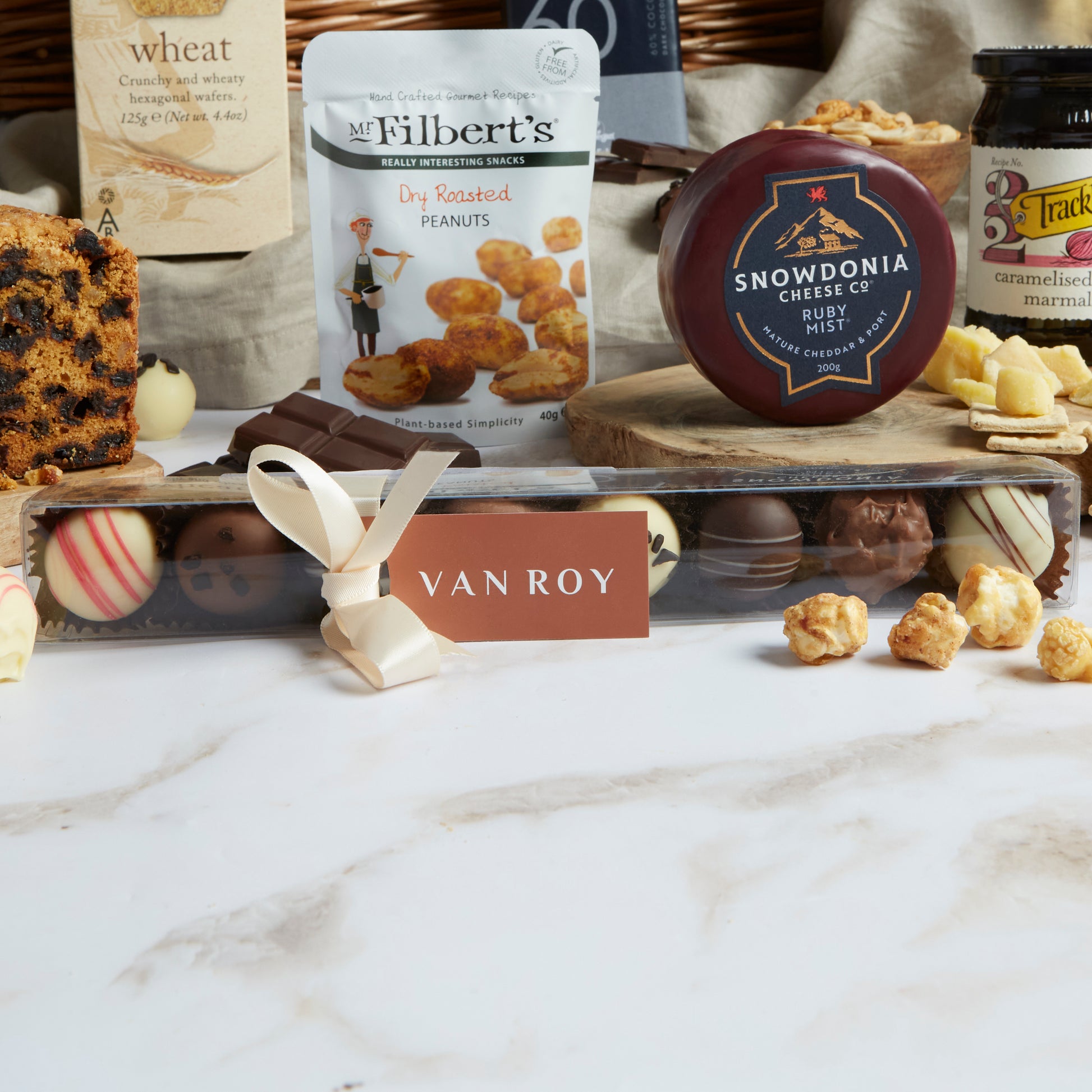 Close up of products in Premium Food and Wine Hamper, a luxury gift hamper from hampers.com UK