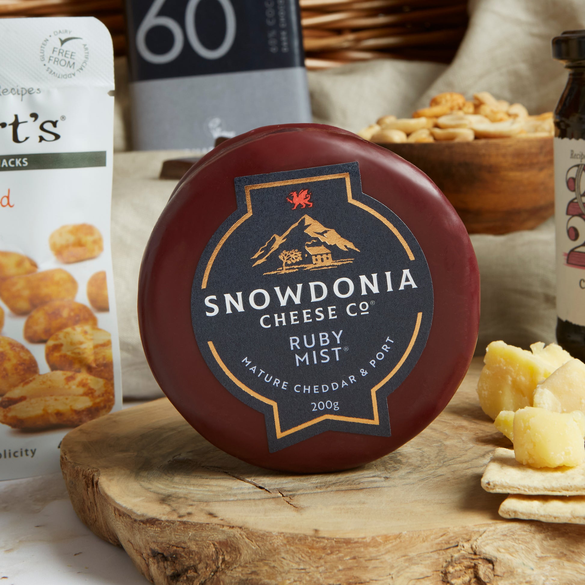 Close up of products in Premium Food and Wine Hamper, a luxury gift hamper from hampers.com UK