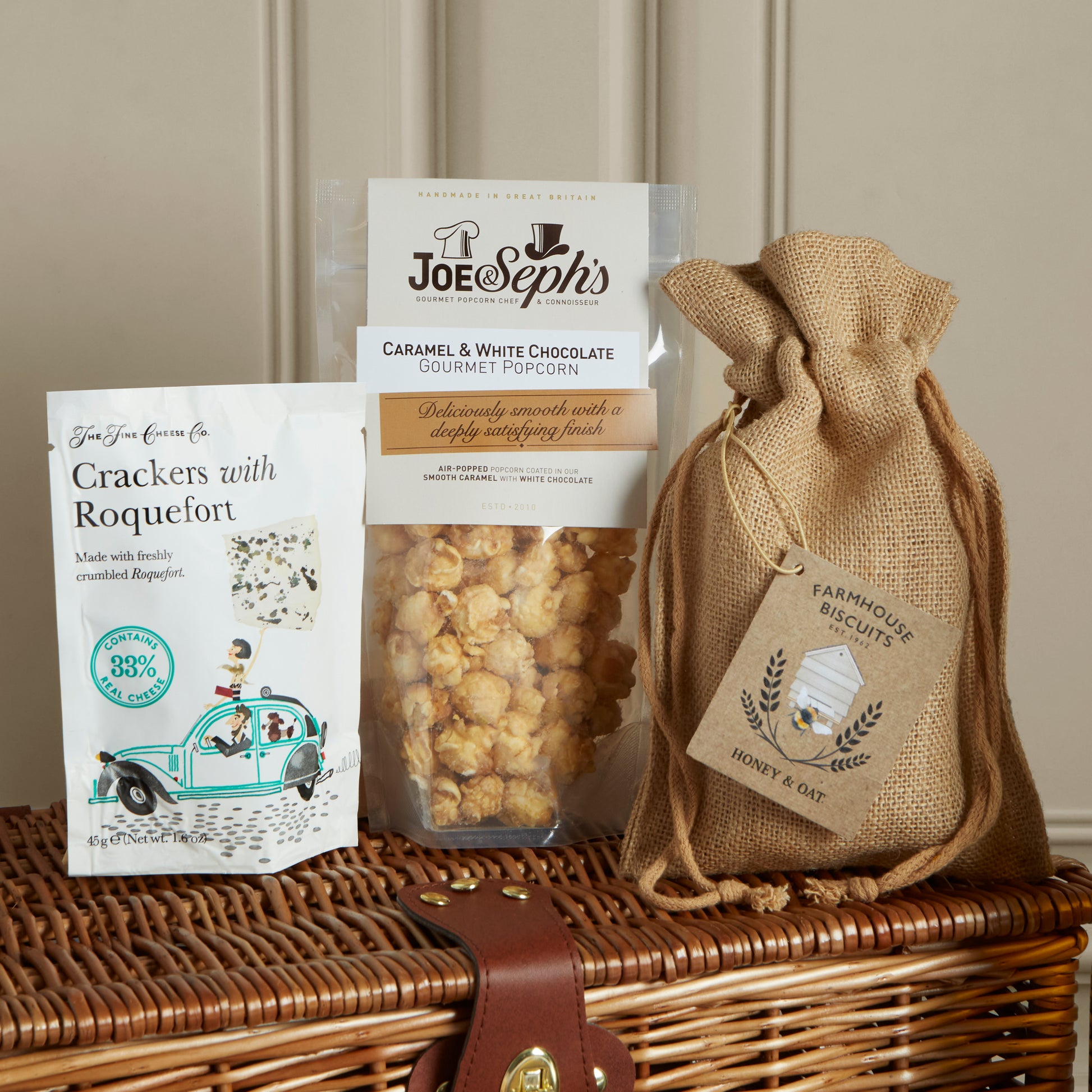 Close up of products in Premium Food and Wine Hamper, a luxury gift hamper from hampers.com UK