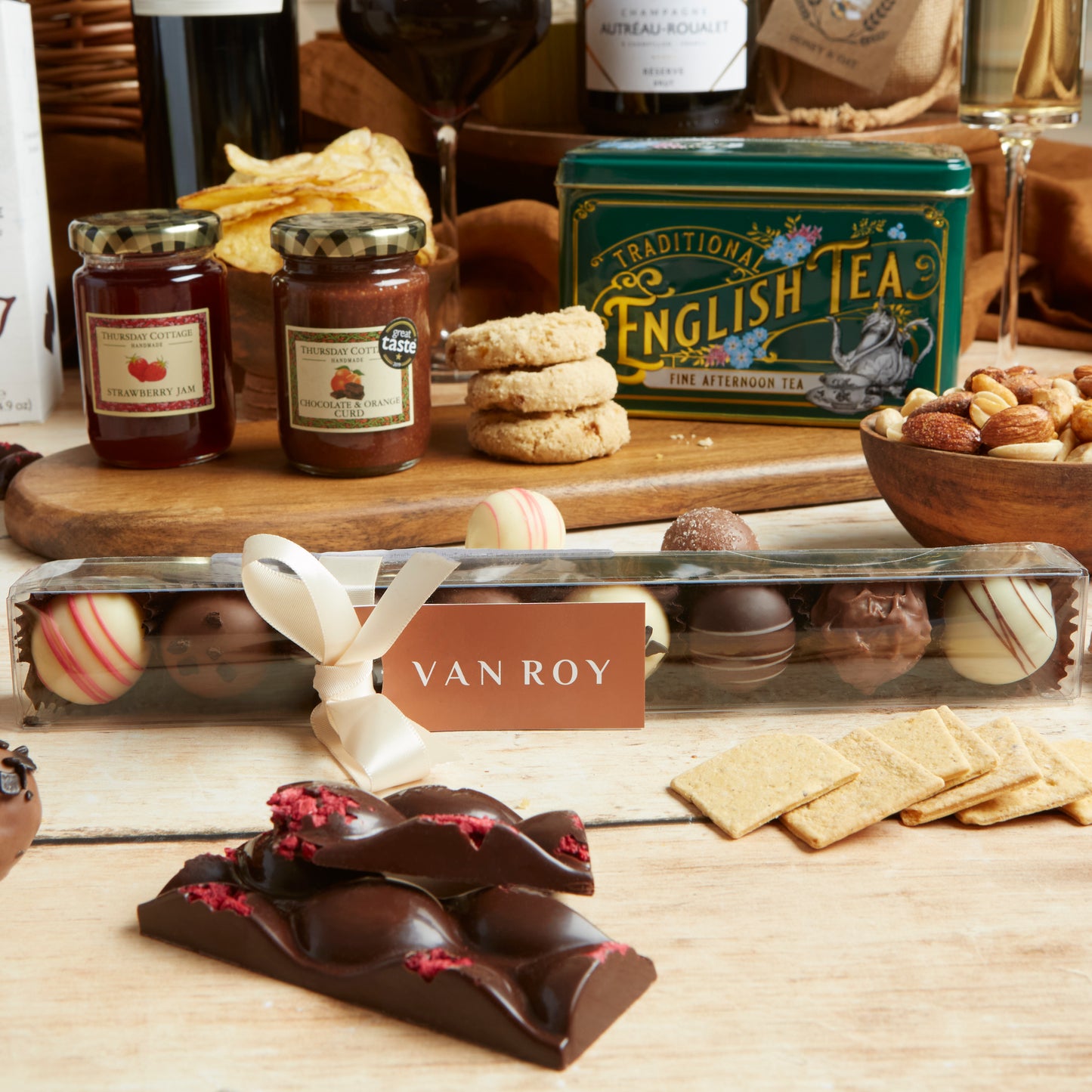 Close up of products in Prestige Food & Wine Hamper, a luxury gift hamper from hampers.com UK