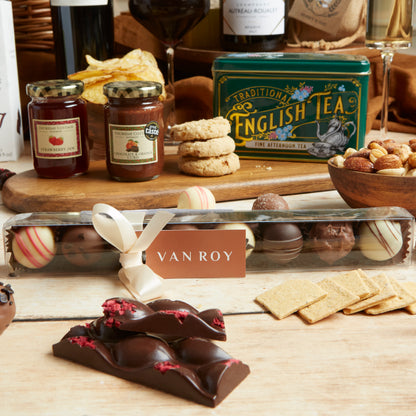 Close up of products in Prestige Food & Wine Hamper, a luxury gift hamper from hampers.com UK