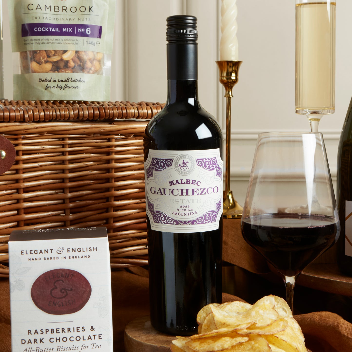Close up of products in Prestige Food & Wine Hamper, a luxury gift hamper from hampers.com UK